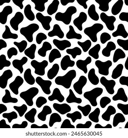 Seamless cow print pattern in black and white. Vector design with organic rounded spots. Ideal for fashion, fabric, packaging, and trendy background styles.