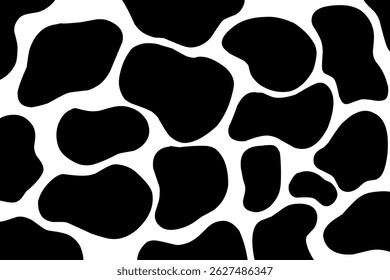Seamless Cow Print Pattern – Black and White Animal Skin Texture. High-quality seamless cow print pattern with irregular black spots on a white background. Ideal for use in fashion design, textiles.