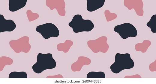 Seamless cow print pattern with irregular pink, dark blue spots. Modern pastel animal, cowhide background for textile, wrapping paper, fabric, wallpaper, cover.