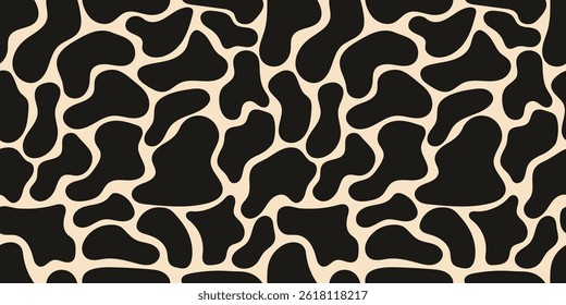 Seamless cow print pattern with organic black shapes on beige background. Ideal for textiles, packaging, kids design, farm themes, or bold abstract backgrounds