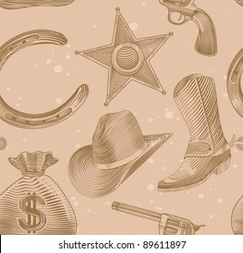 seamless cowboy pattern in engraving style - vector illustration