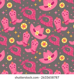 Seamless children’s cowboy pattern with pink cowboy hats, bandanas, and western star badges. Cute western theme for kids.
