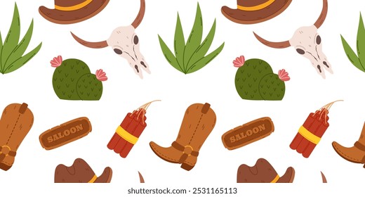 Seamless cowboy themed pattern, boots, hats, bull skulls, cacti, saloon signs, dynamite, and desert plants. Ideal for textiles, wallpapers, and decorations inspired by Wild West