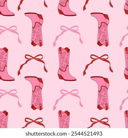 Seamless cowgirl pattern with bow knots and cowboy boots. Coquette romantic aesthetic. Editable vector illustration for wrapping paper, packaging, fabric, wallpaper, phone case etc. 