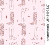 Seamless cowgirl pattern with linear various cowboy boots. Coquette romantic aesthetic. Editable vector illustration for wrapping paper, packaging, fabric, wallpaper, phone case etc. 