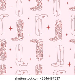 Seamless cowgirl pattern with linear various cowboy boots. Coquette romantic aesthetic. Editable vector illustration for wrapping paper, packaging, fabric, wallpaper, phone case etc. 