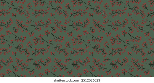 Seamless cozy autumn botanical pattern with rowan, mountain ash, rowanberries on a dark green background. Autumn pattern for fabric, scrapbooking and stationery. Watercolor vector illustration.