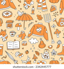 Seamless cozy autumn pattern with cute doodles. Vector illustration background