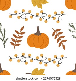 Seamless cozy autumn pattern with pumpkin, garland, twigs and leaves. Vector illustration for warm fall, printing on clothes, packaging, fabric, paper.