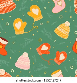 Seamless, cozy, Christmas background. Featuring winter gloves, hats, socks and other holiday items. Perfect for Christmas and New Year.