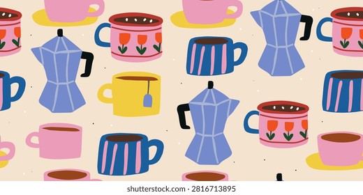 Seamless cozy drink pattern featuring hand drawn mugs, teacups, coffee cups and an Italian moka pot on a soft sandy beige background. Warm hygge-inspired design for fabric, wallpaper, wrapping paper, kitchen textiles and café decor. 100% hand drawn vector file.