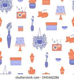 Seamless cozy pattern with cat, radio, flowers, boxes , vases. Interior background. Vector illustration
