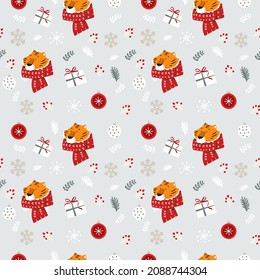 Seamless cozy pattern with a cute New Year's tiger in a scarf with gifts on a blue winter background. Celebrations card design with cute tiger illustration. Merry Christmas and Happy New Year. Happy