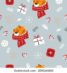 Seamless cozy pattern with a cute New Year's fox with a heart with gifts on a blue winter background. Merry Christmas and Happy New Year and Valentine's Day