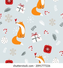 Seamless cozy pattern with a cute New Year's fox with a heart with gifts on a blue winter background. Merry Christmas and Happy New Year and Valentine's Day