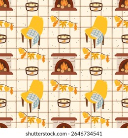 Seamless cozy pattern featuring chairs, blankets, fireplaces, and candles in warm autumn tones. Hand-drawn vector design ideal for seasonal textiles, wrapping paper, and home decor.