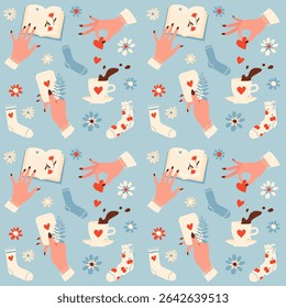 Seamless cozy pattern with female hands, love elements, books, socks, flowers and coffee on blue background – vector illustration