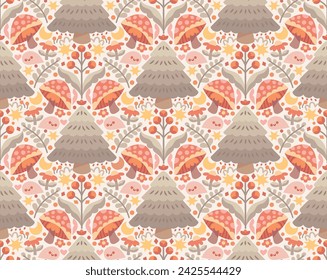 Seamless cozy pattern with vector forest and ghost elements. Cute magical background design.