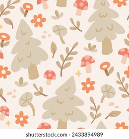 Seamless cozy pattern with vector forest and mushroom elements. Cute magical background design.