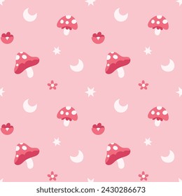Patrón cómodo sin costuras con elementos de hongos vectoriales. Lindo diseño de fondo.