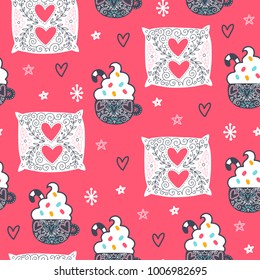 Seamless cozy scandinavian pattern. Vector background with different elements. Design for prints, shirts and posters.