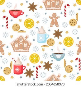 Seamless cozy winter pattern with vector elements of Christmas design. Ginger houses, hot drinks, tea, cocoa, cookies, candy cane, citrus fruits. Happy holidays!