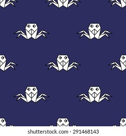 Seamless crab origami pattern on dark blue background. Sea life background illustration.