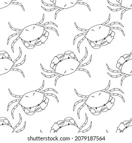 seamless crab pattern. a drawing of a marine animal from a whole crab, drawn in sketch style, top view of a black isolated contour located in different directions on white for a design template