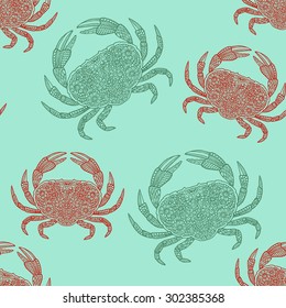 Seamless crab pattern with hand drawn crab illustrations