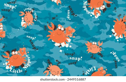 Seamless crab pattern. Repeating vector print with cute orange crabs, splatters and snap text on a blue camouflage print background. Apparel textile pattern.