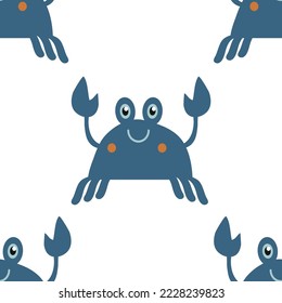 Seamless crab pattern. The sea is the ocean. A set of painted cartoon crabs in Scandinavian style. Underwater inhabitants. Design for wallpaper or textiles. Clothes for children. Shells.