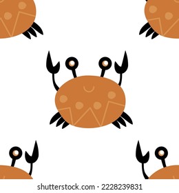 Seamless crab pattern. The sea is the ocean. A set of painted cartoon crabs in Scandinavian style. Underwater inhabitants. Design for wallpaper or textiles. Clothes for children. Shells.