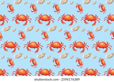 Seamless crab pattern with seashells on a light blue background. A fun and cheerful design, perfect for fabric, wallpaper, or ocean-themed decorations.
