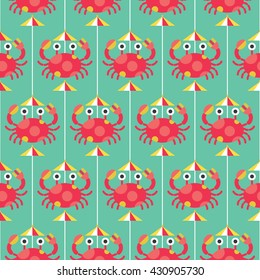 Seamless Crab and Umbrella pattern, Animal Vector