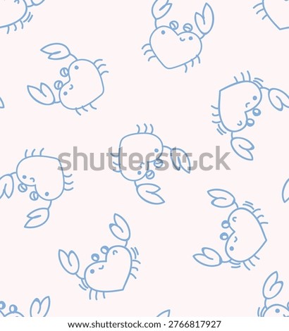 Seamless crabs blue outline hand drawn illustrations pattern ocean animal under water 