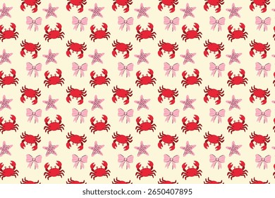 Seamless crabs starfish bows pattern with swatch template in swatches panel, cute red and pink marine vector design on cream background