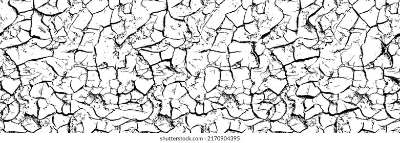 Seamless crack texture. Cracked soil. Black and white vector realistic background pattern.