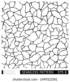 Seamless cracks texture. Stylized ground, stone, paving, patina. Vector black and white texture. Random cracked surface.