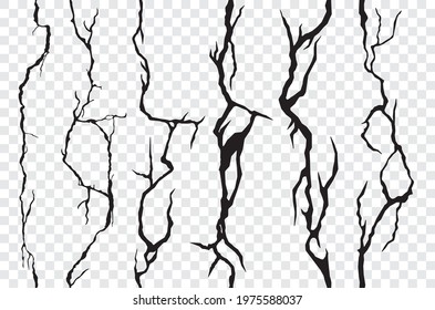 Seamless cracks in the wall, plaster or ground. Broken surface texture, cleft, crackles. Vector earthquake cracking holes, destruction, damage fissure after disaster isolated on transparent background