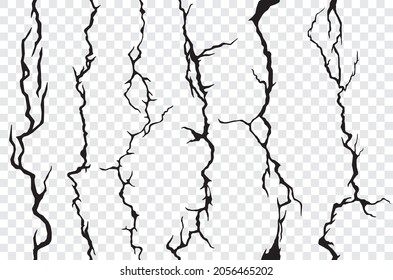 Seamless cracks in the wall, plaster or ground, transparent background. Vector cracked or broken texture of stone, soil, marble or cement, grunge pattern with cracks, clefts, fissures and cracklets