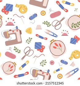 
Seamless craft pattern with sewing, embroidery and knitting tools on a white background. Seamless texture with sets of items for needlework. Colored flat vector illustration for packaging