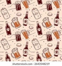 Seamless craft vector pattern with hand-drawn doodle brewery icons. Includes beer bottles, mugs, barrels, hops, malt, and glasses. Perfect for packaging, fabric, and bar-themed design	
