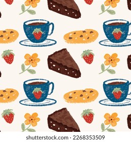 Seamless crayon pastel cookie, brownie and coffee drawing with cute strawberry. Retro hand drawn cookie and cake drawing with vector isolated. Perfect for wrapping, background, kids fashion, party etc