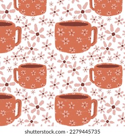 Nahtlose Crayon Textur Muster Design mit Mini-Désiy und Kaffee Becher. Cute-rosa-Kaffeemaschine Kinderzeichnung.Breakfast Muster Design-Illustration perfekt für Tischdecken, Stoff, Textilien, Mode