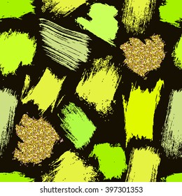 Seamless crazy fashion pattern with hand drawn brush strokes. Green and lime tints and gold on dark background. Vector illustration for your graphic design.