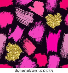 Seamless crazy fashion pattern with hand drawn brush strokes. Pink and lime purple and gold on dark background. Vector illustration for your graphic design.