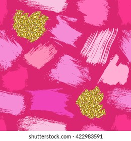 Seamless crazy fashion pattern with hand drawn brush strokes. Pink and and gold on purple background. Vector illustration for your graphic design.