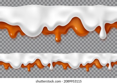 Seamless cream caramel sauce drip. Melted drops of sweet liquid toffee with milk isolated on white background. Paint stains vector illustration