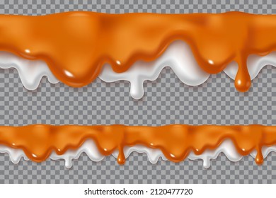 Seamless cream caramel sauce drip. Melted drops of sweet liquid toffee with milk isolated on white background. Paint stains vector illustration