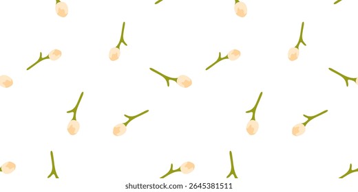 Padrão de broto floral de creme sem costura. Padrão contínuo com botões de flores de cor creme macio em hastes verdes. Design botânico plano com paleta natural luz sobre fundo branco.